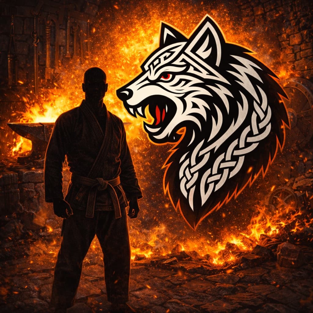 A warrior silhouette before a flaming wolf. Vykyng Martial Arts Club
