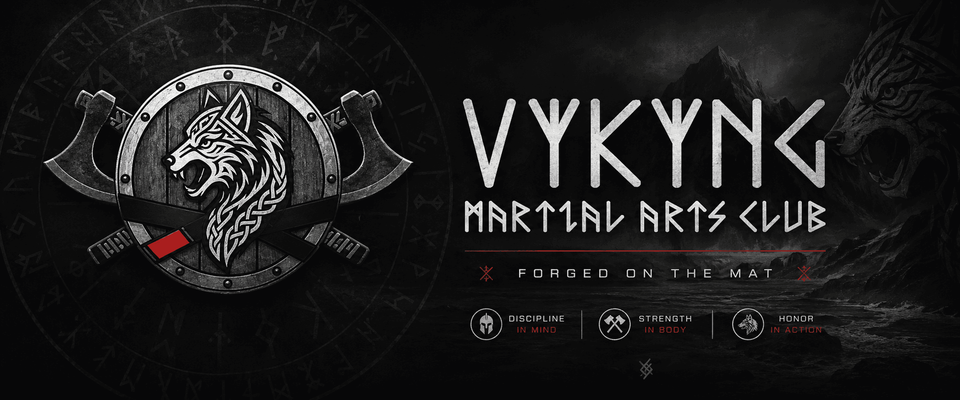 Vykyng Martial Arts Club brand banner with wolf shield, crossed axes, and Forged On The Mat motto